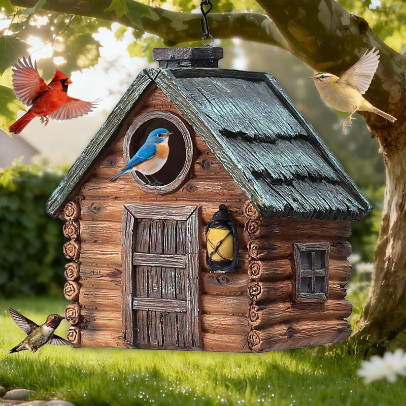 MINWOLF Bird Houses for Outside Real Wood-Look Resin Bird House with Hanging Chain â€“ Waterproof & Durable Forest Birdhouses for Outdoors for Bluebird Finches Cardinals Bird Nesting Garden, Patio, Yard - Image 1