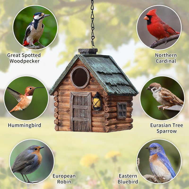 MINWOLF Bird Houses for Outside Real Wood-Look Resin Bird House with Hanging Chain â€“ Waterproof & Durable Forest Birdhouses for Outdoors for Bluebird Finches Cardinals Bird Nesting Garden, Patio, Yard - Image 2