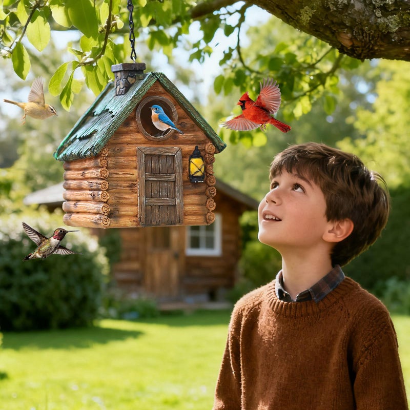 MINWOLF Bird Houses for Outside Real Wood-Look Resin Bird House with Hanging Chain â€“ Waterproof & Durable Forest Birdhouses for Outdoors for Bluebird Finches Cardinals Bird Nesting Garden, Patio, Yard - Image 5