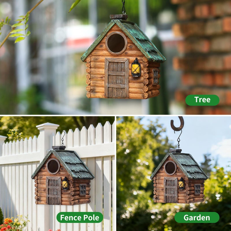 MINWOLF Bird Houses for Outside Real Wood-Look Resin Bird House with Hanging Chain â€“ Waterproof & Durable Forest Birdhouses for Outdoors for Bluebird Finches Cardinals Bird Nesting Garden, Patio, Yard - Image 4