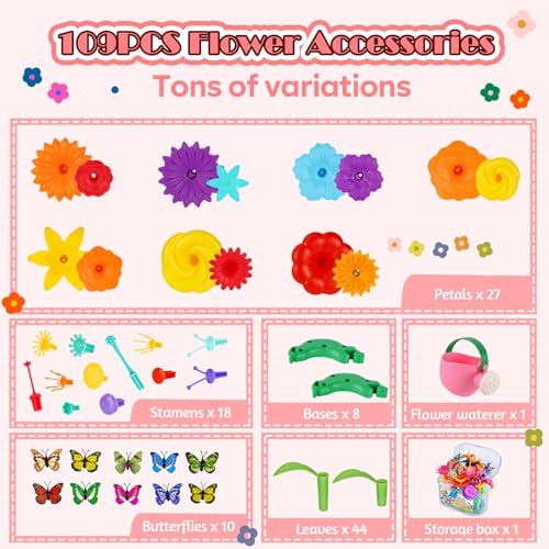 FUNZBO 109pcs Flower Garden Building Toy Set - Christmas Spring Toys for 3 4 5 6 7 Years Old Girl, STEM Montessori Educational Toy for Kid Toddler, Sorting & Stacking Building Block Birthday Gift - Image 3