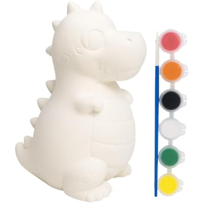 PAINT-YOUR-OWN DINOSAUR PIGGY BANK KIT – FUN DIY CRAFT & COIN SAVER!, WHITE CERAMIC WITH 7 PAINT COLORS, - Image 1