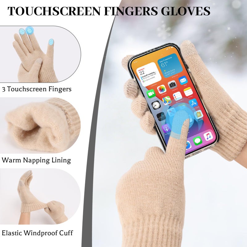 Ultrafun Womens Winter Beanie Hat Scarf Gloves Set, Satin Lined Slouchy Beanie Knit Scarf Touchscreen Gloves, Warm 3 Gift Set (Beige) - Image 4