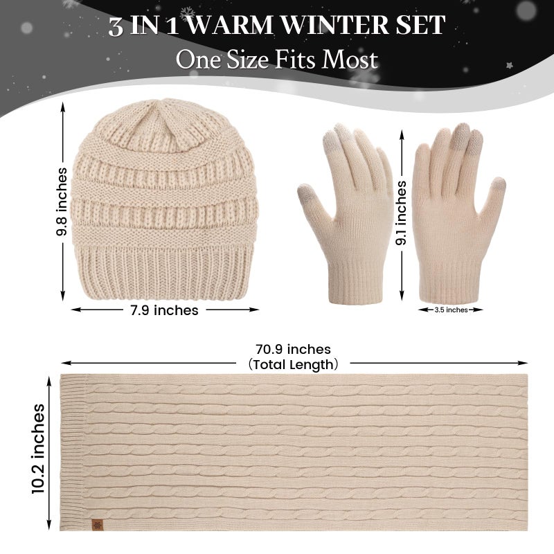 Ultrafun Womens Winter Beanie Hat Scarf Gloves Set, Satin Lined Slouchy Beanie Knit Scarf Touchscreen Gloves, Warm 3 Gift Set (Beige) - Image 2