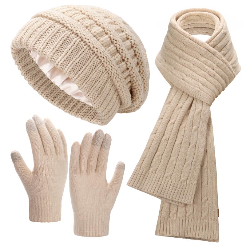 Ultrafun Womens Winter Beanie Hat Scarf Gloves Set, Satin Lined Slouchy Beanie Knit Scarf Touchscreen Gloves, Warm 3 Gift Set (Beige) - Image 1