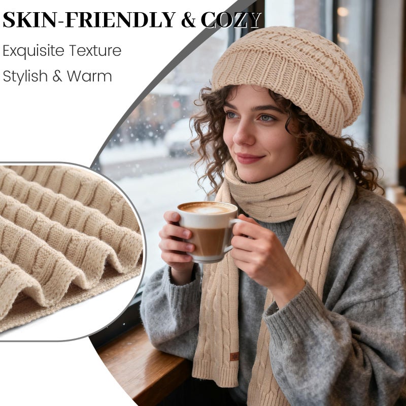 Ultrafun Womens Winter Beanie Hat Scarf Gloves Set, Satin Lined Slouchy Beanie Knit Scarf Touchscreen Gloves, Warm 3 Gift Set (Beige) - Image 5
