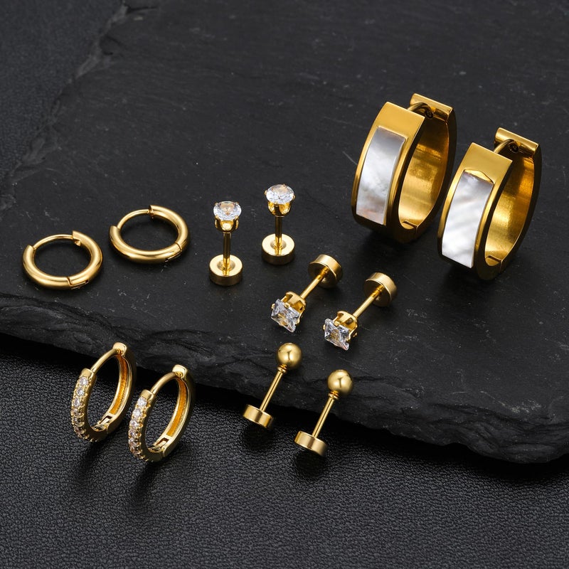 Cuicanstar 6 Pairs Stainless Steel 14K Gold Plated Flatback Stud Hoop Earrings for Women Hypoallergenic Small Huggie Cartilage Earring Set Lightweight Shell Water drop Hoops CZ Flat Back Studs for Multiple Piercing - Image 5
