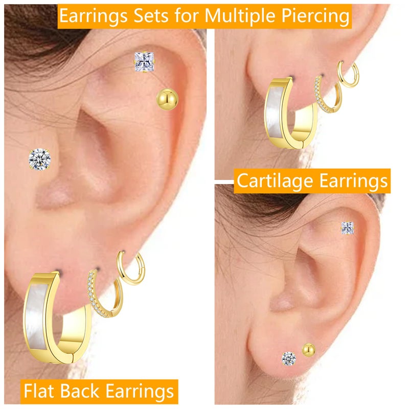 Cuicanstar 6 Pairs Stainless Steel 14K Gold Plated Flatback Stud Hoop Earrings for Women Hypoallergenic Small Huggie Cartilage Earring Set Lightweight Shell Water drop Hoops CZ Flat Back Studs for Multiple Piercing - Image 2