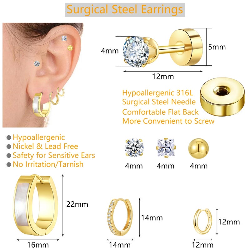 Cuicanstar 6 Pairs Stainless Steel 14K Gold Plated Flatback Stud Hoop Earrings for Women Hypoallergenic Small Huggie Cartilage Earring Set Lightweight Shell Water drop Hoops CZ Flat Back Studs for Multiple Piercing - Image 3