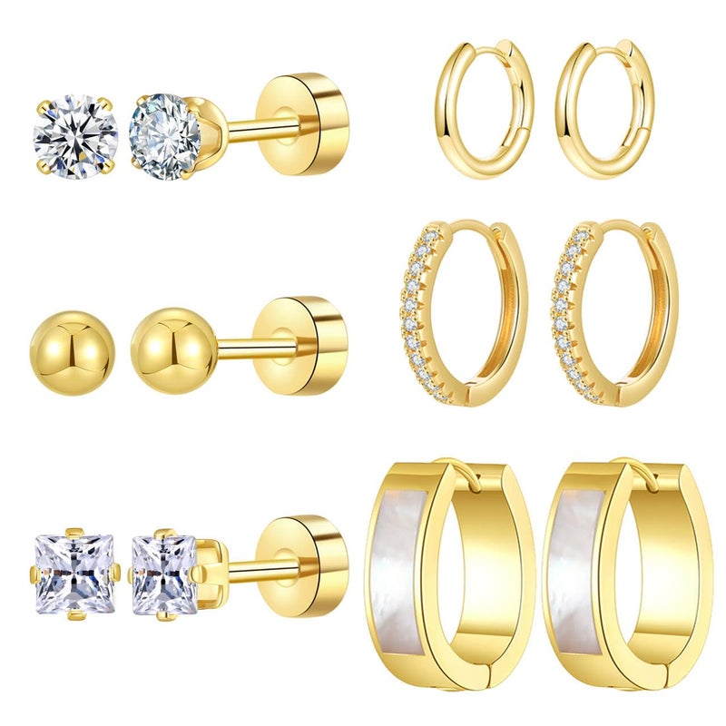 Cuicanstar 6 Pairs Stainless Steel 14K Gold Plated Flatback Stud Hoop Earrings for Women Hypoallergenic Small Huggie Cartilage Earring Set Lightweight Shell Water drop Hoops CZ Flat Back Studs for Multiple Piercing - Image 1