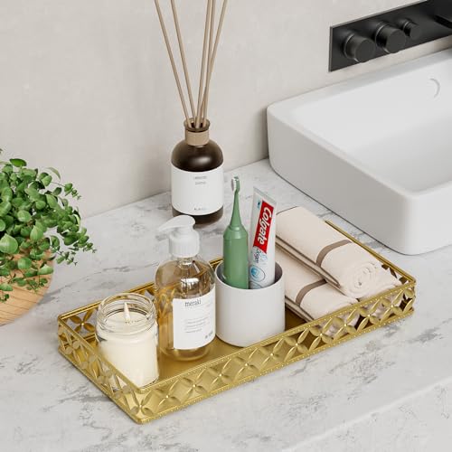 EKNITEY Bathroom Vanity Tray for Counter Organizer - 11 Inch Small Decorative Tray Gold Rectangle Countertop Tray for Perfume Makeup Cosmetic Jewelry - Image 2