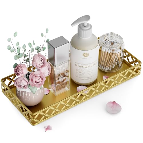 EKNITEY Bathroom Vanity Tray for Counter Organizer - 11 Inch Small Decorative Tray Gold Rectangle Countertop Tray for Perfume Makeup Cosmetic Jewelry - Image 1