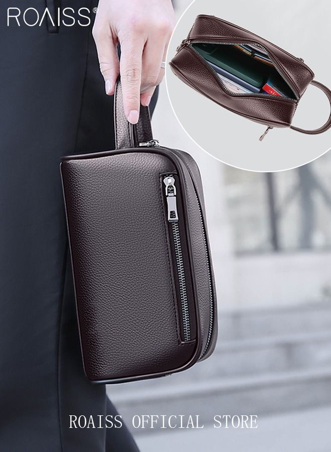 roaiss Men's Business Cowhide Leather Clutch Bag Hand Carry Large Wallet Multiple Compartments Handbag Card Holder Multi Function Large Capacity Wallet with Wristband Waterproof Brown - Image 1