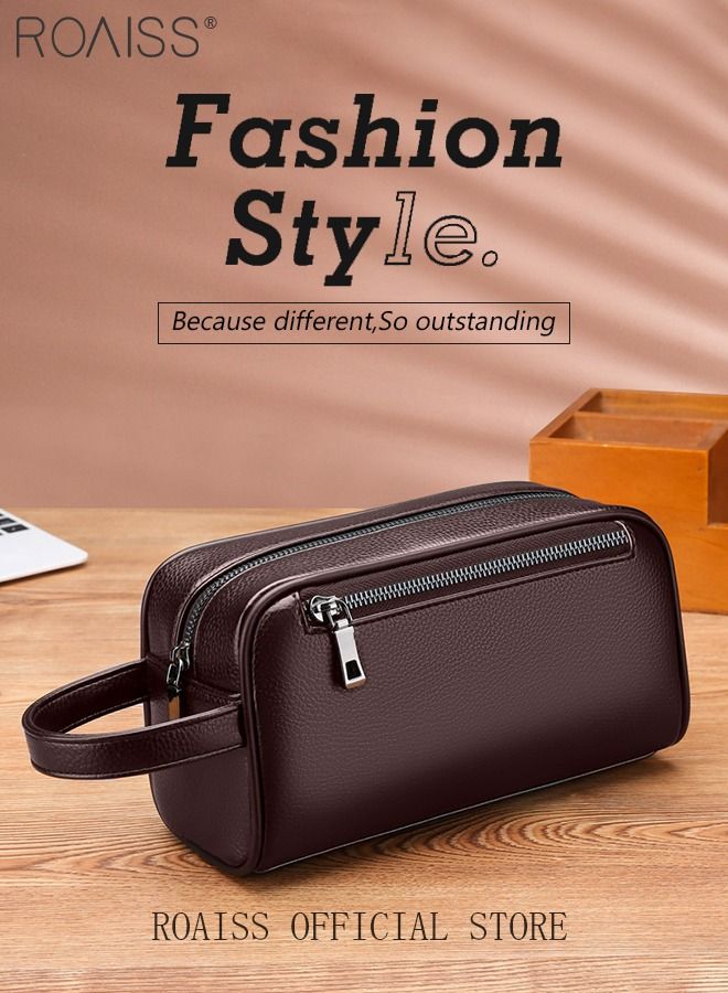 roaiss Men's Business Cowhide Leather Clutch Bag Hand Carry Large Wallet Multiple Compartments Handbag Card Holder Multi Function Large Capacity Wallet with Wristband Waterproof Brown - Image 2