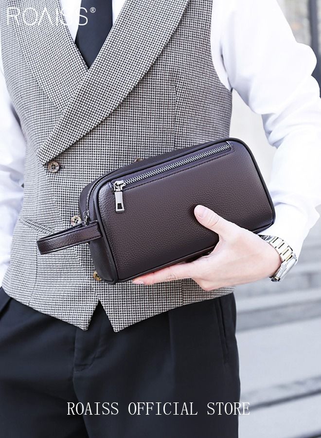 roaiss Men's Business Cowhide Leather Clutch Bag Hand Carry Large Wallet Multiple Compartments Handbag Card Holder Multi Function Large Capacity Wallet with Wristband Waterproof Brown - Image 5