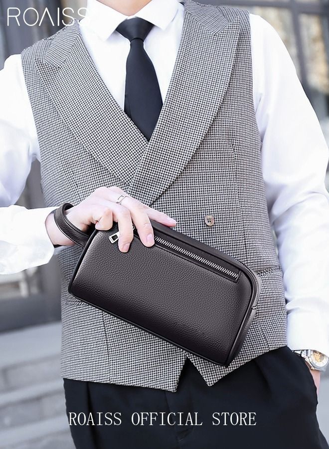 roaiss Men's Business Cowhide Leather Clutch Bag Hand Carry Large Wallet Multiple Compartments Handbag Card Holder Multi Function Large Capacity Wallet with Wristband Waterproof Brown - Image 4