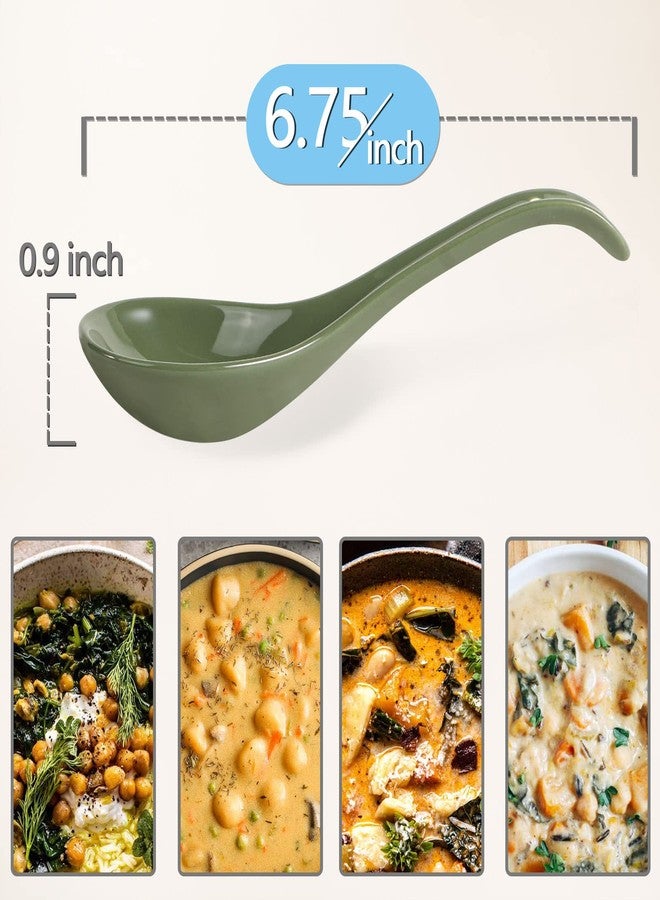 Wareland Green Ceramic Soup Spoons Set of 6, 6.75 Inch Chinese Ramen Spoons for Pho, Cereal, Noodles, Stews, Wonton, Dumpling, Miso - Deep Oval Hook Design, Dishwasher Safe - Image 2
