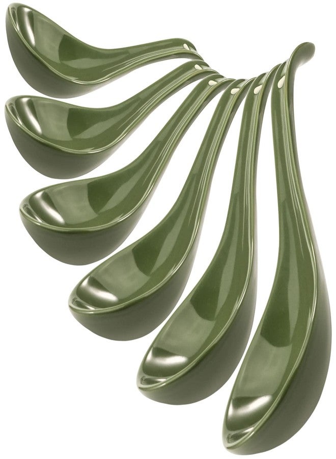 Wareland Green Ceramic Soup Spoons Set of 6, 6.75 Inch Chinese Ramen Spoons for Pho, Cereal, Noodles, Stews, Wonton, Dumpling, Miso - Deep Oval Hook Design, Dishwasher Safe - Image 1
