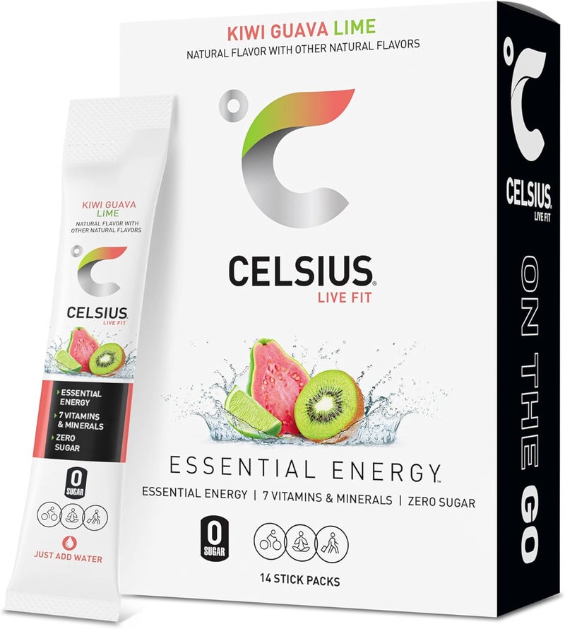 CELSIUS عصا مسحوق CELSIUS® الجاهزة بنكهة الكيوي والجوافة والليمون - مشروب الطاقة الأساسي (14 عصا، 2.6 أونصة) - Image 1