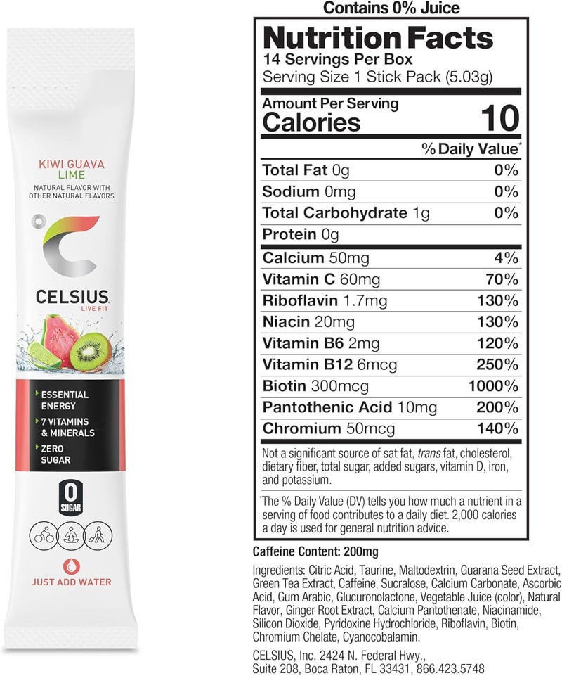 CELSIUS عصا مسحوق CELSIUS® الجاهزة بنكهة الكيوي والجوافة والليمون - مشروب الطاقة الأساسي (14 عصا، 2.6 أونصة) - Image 3