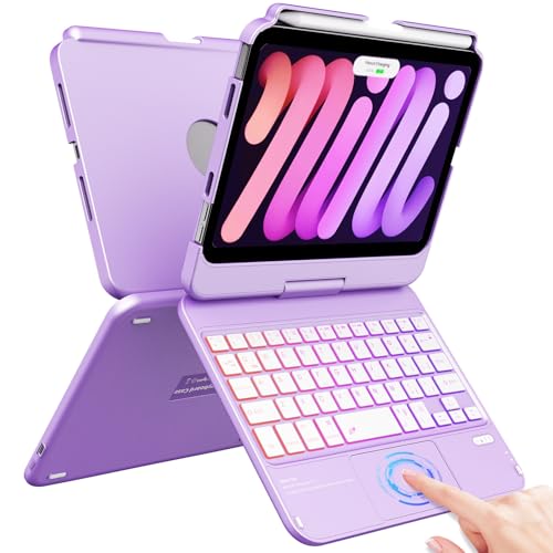 FUWANG Touchpad Keyboard Case for iPad mini 7 A17 Pro 2024 & Mini 6th Generation 2021 8.3 inch - 360° Swivel 7 Color Backlit Keyboard for iPad mini 7th 6th Generation with Pencil Holder, Purple - Image 1