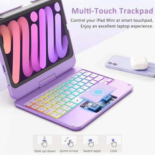 FUWANG Touchpad Keyboard Case for iPad mini 7 A17 Pro 2024 & Mini 6th Generation 2021 8.3 inch - 360° Swivel 7 Color Backlit Keyboard for iPad mini 7th 6th Generation with Pencil Holder, Purple - Image 4