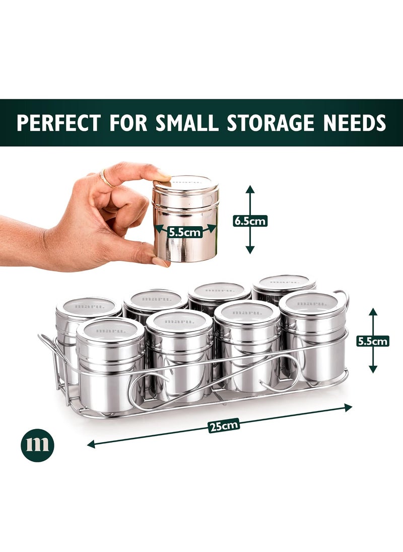MARU - MARU 8 in 1 Stainless Steel Masala Boxes for Kitchen - 140ml Each Airtight Containers, Multipurpose Storage Dabba with See-Through Design & Easy Push Lid, Perfect Organizer for Spices, Herbs & More - Image 1