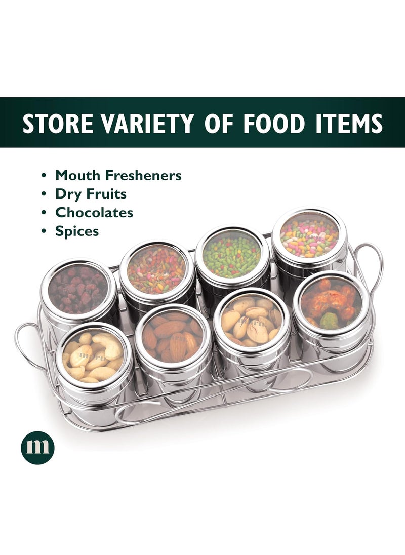 MARU - MARU 8 in 1 Stainless Steel Masala Boxes for Kitchen - 140ml Each Airtight Containers, Multipurpose Storage Dabba with See-Through Design & Easy Push Lid, Perfect Organizer for Spices, Herbs & More - Image 1
