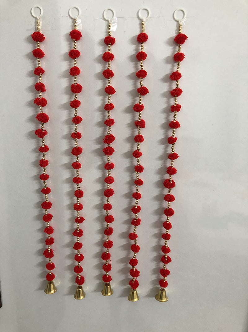 Aahum Handmade Wall Door Hangings 4 Ft.Strings Red Pom Pom Torans Garland Bandhwar Golden Bells Temple,Ganesha Decoration Home Décor Diwali,Festival,Navratri,Wedding,Party(4 FT 10 Strings) - Image 2