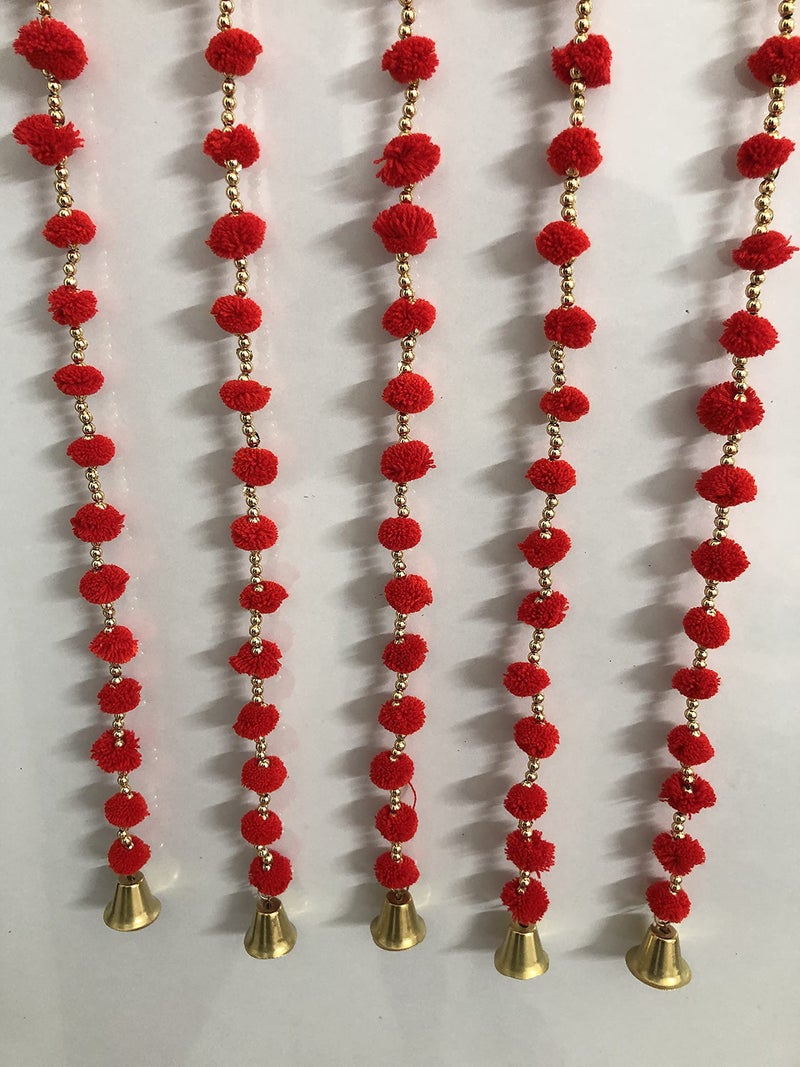 Aahum Handmade Wall Door Hangings 4 Ft.Strings Red Pom Pom Torans Garland Bandhwar Golden Bells Temple,Ganesha Decoration Home Décor Diwali,Festival,Navratri,Wedding,Party(4 FT 10 Strings) - Image 3