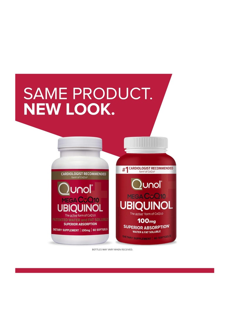 Qunol - Ubiquinol CoQ10 100mg Softgels, Qunol Mega Ubiquinol 100mg - Superior Absorption - Active form of Coenzyme Q10 for Heart Health - 4 Month Supply - 60 Count (Pack of 2) - Image 1