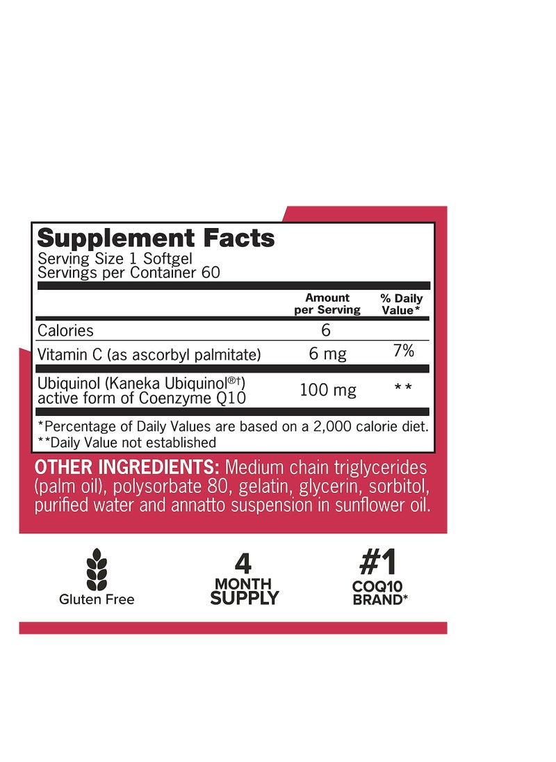 Qunol - Ubiquinol CoQ10 100mg Softgels, Qunol Mega Ubiquinol 100mg - Superior Absorption - Active form of Coenzyme Q10 for Heart Health - 4 Month Supply - 60 Count (Pack of 2) - Image 1