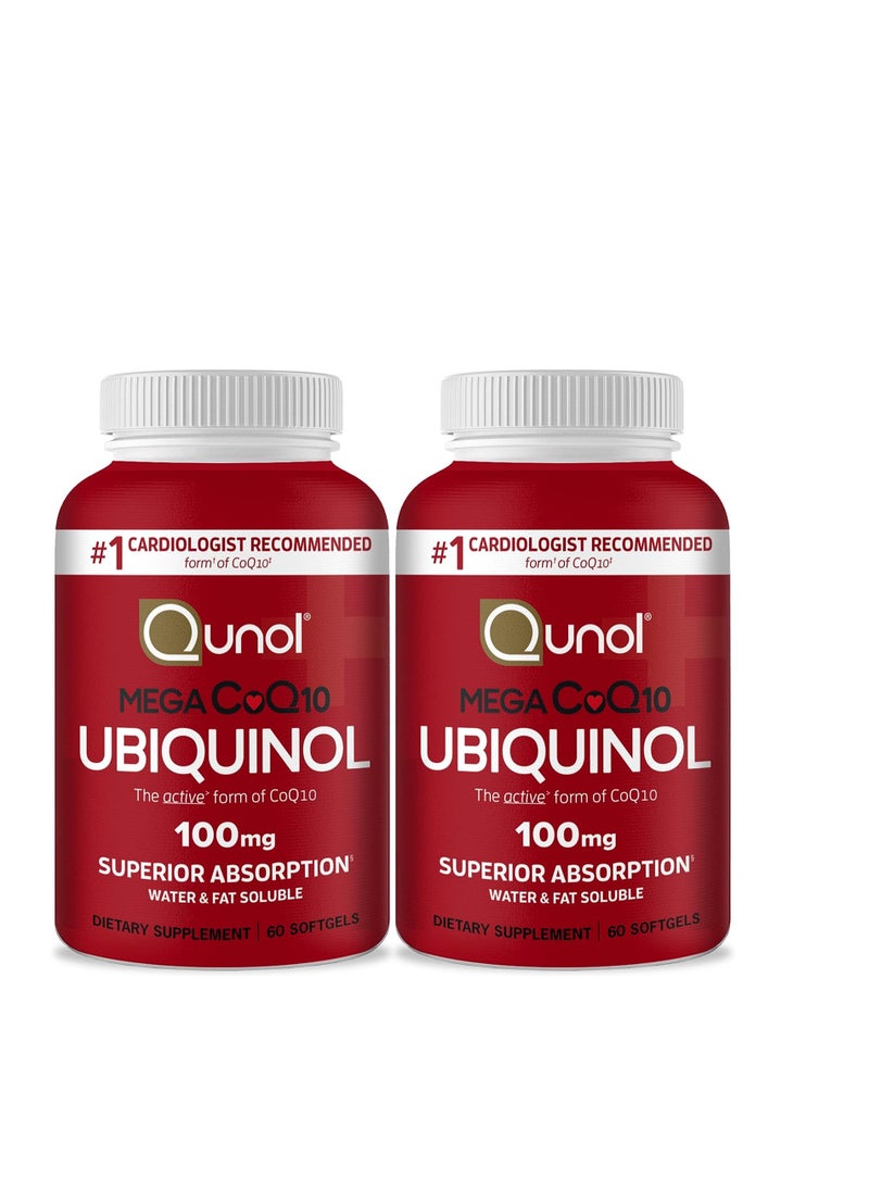 Qunol - Ubiquinol CoQ10 100mg Softgels, Qunol Mega Ubiquinol 100mg - Superior Absorption - Active form of Coenzyme Q10 for Heart Health - 4 Month Supply - 60 Count (Pack of 2) - Image 1