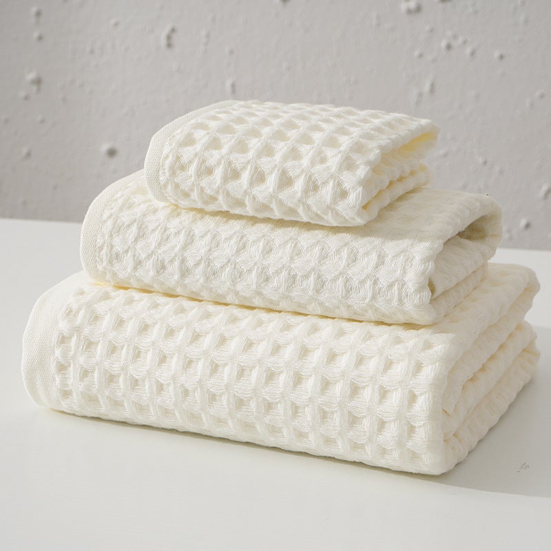 Cross-border new waffle towel cotton extra-large thickened adult household square towel bath towel cotton three-piece set(White, Square towel + face towel + bath towel) - Image 1