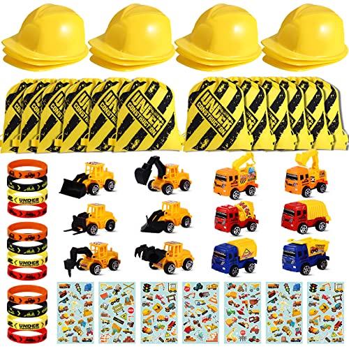 Sratte 55 Pieces Construction Vehicle Birthday Party Favors Supplies Set Construction Theme Hats Goodie Bags Stickers Bracelets and Truck Toys Bulk for Kids Award Party Supplies - Image 1
