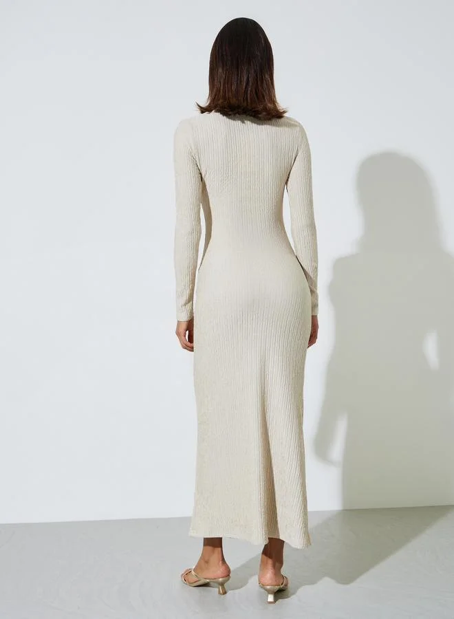 Styli  Off White Textured Long Sleeve Maxi Dress for Women | Best Price UAE