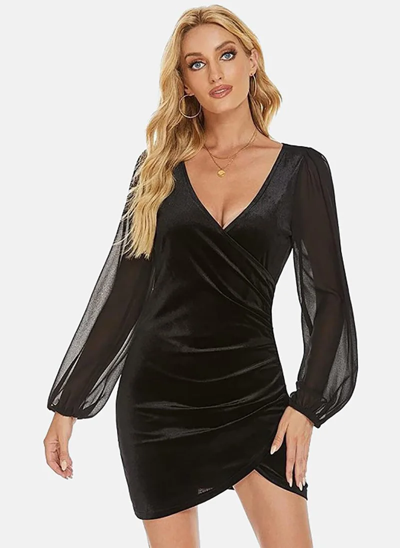 YUNIQEE Black V-Neck Puff Sleeve Velvet Bodycon Dress