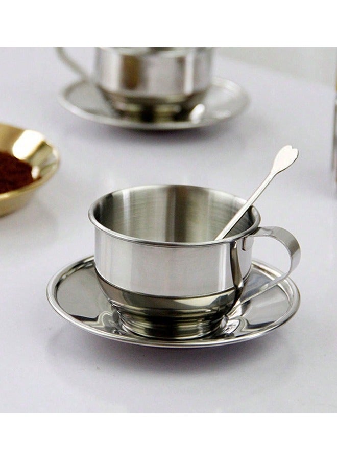 1 Set Stainless Steel Coffee Cup, with Spoon and Saucer, European Style Coffee Cups, Espresso Cups, Cappuccino Cups for Milk, Tea in Silver  - Image 1