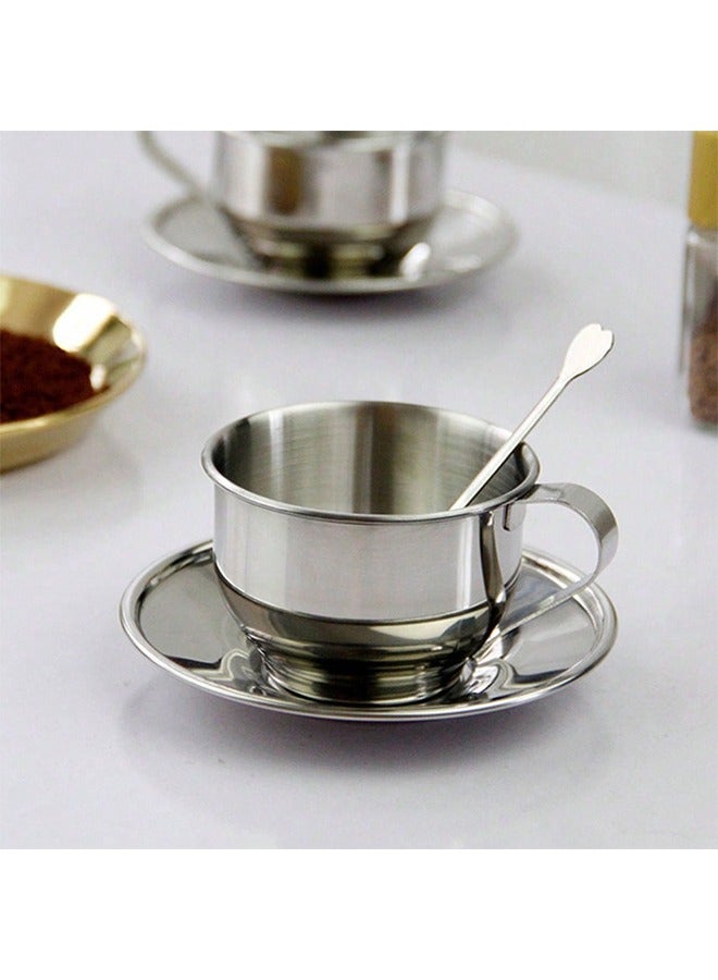 1 Set Stainless Steel Coffee Cup, with Spoon and Saucer, European Style Coffee Cups, Espresso Cups, Cappuccino Cups for Milk, Tea in Silver  - Image 3