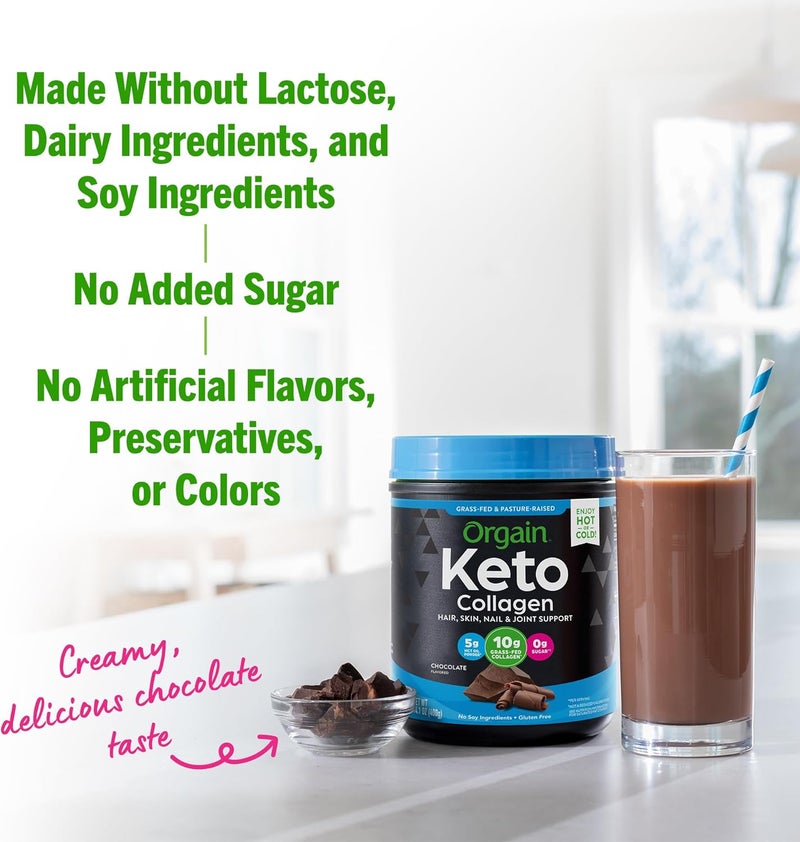 Orgain Keto Collagen Protein Powder with MCT Oil Chocolate  Paleo Friendly Grass Fed Hydrolyzed Collagen Peptides Type I and III Dairy Free Gluten Free Soy Free 088 Lb Packaging May Vary - Image 4