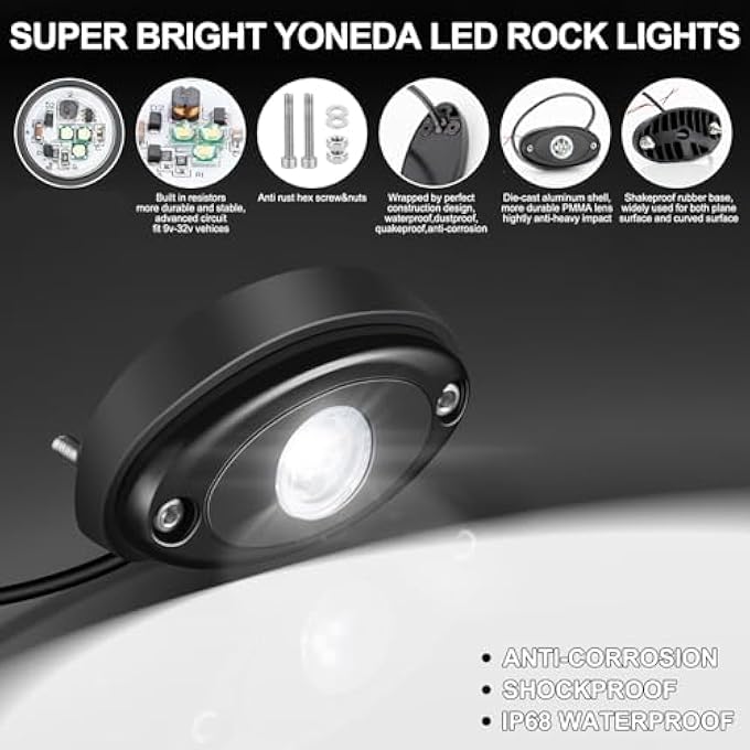 YONEDA Led Rock Lights 4Pods Waterproof Led Neon Underglow Light For Car Truck Atv Utv Suv Jeep Offroad Boat Underbody Glow Trail Rig Lamp White - Image 4