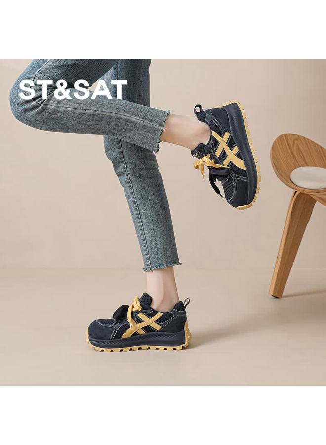 St&Sat Saay Comfortable Retro Thick-soled Fleece-lined Derby Shoes For Women Autumn Winter High-end Versatile Casual Warm Cotton Shoes Dark Blue Size 37 - Image 4