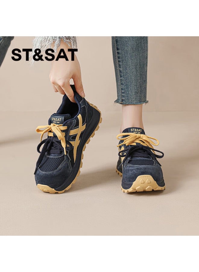 St&Sat Saay Comfortable Retro Thick-soled Fleece-lined Derby Shoes For Women Autumn Winter High-end Versatile Casual Warm Cotton Shoes Dark Blue Size 37 - Image 1