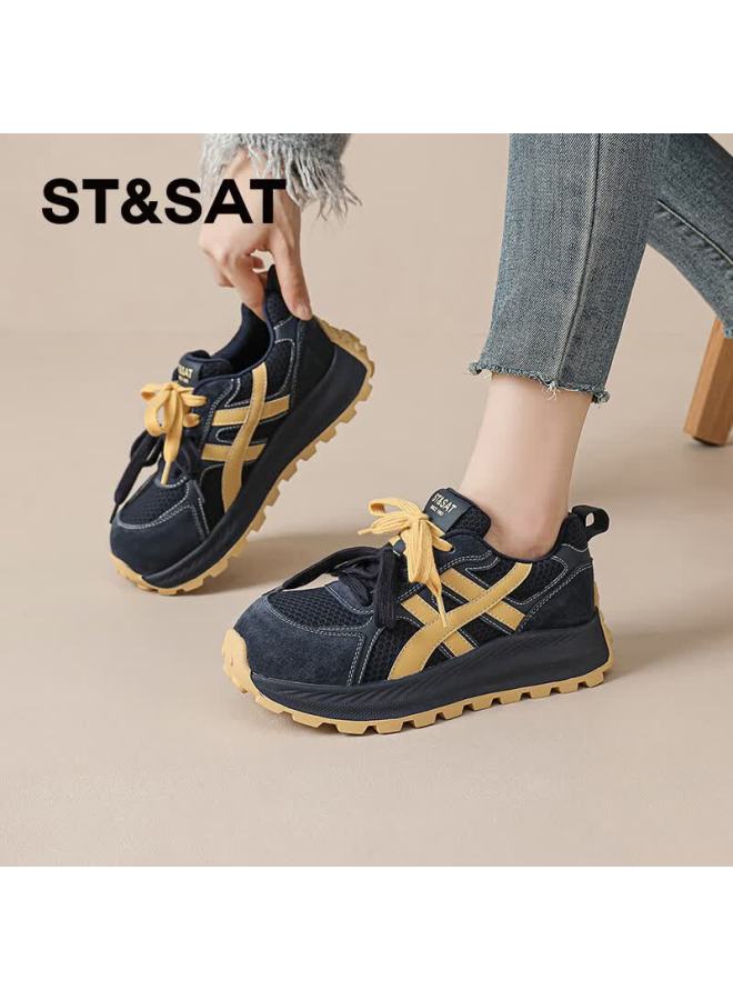 St&Sat Saay Comfortable Retro Thick-soled Fleece-lined Derby Shoes For Women Autumn Winter High-end Versatile Casual Warm Cotton Shoes Dark Blue Size 37 - Image 3