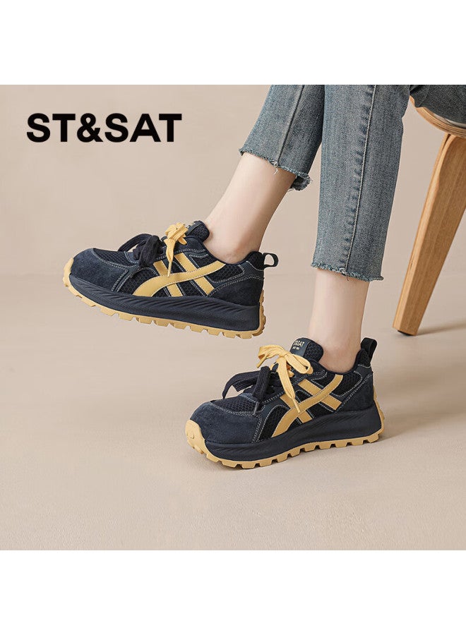 St&Sat Saay Comfortable Retro Thick-soled Fleece-lined Derby Shoes For Women Autumn Winter High-end Versatile Casual Warm Cotton Shoes Dark Blue Size 37 - Image 5