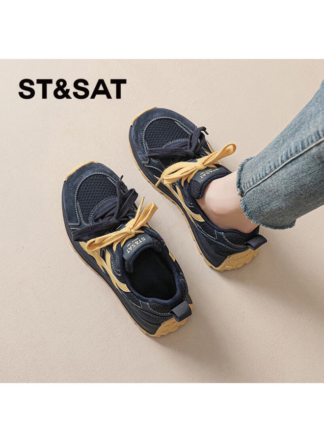St&Sat Saay Comfortable Retro Thick-soled Fleece-lined Derby Shoes For Women Autumn Winter High-end Versatile Casual Warm Cotton Shoes Dark Blue Size 37 - Image 2
