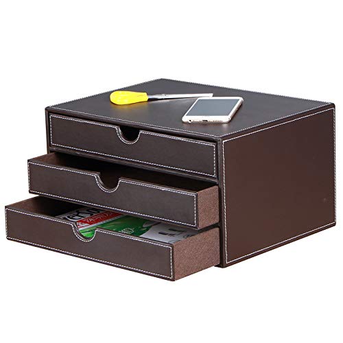 RHCSZ Stackable 3-Drawer Desk Organizer, Executive Office Supplies Desktop Filing A4 File Cabinet/Holder, Leather Storage Box for Document/Paper/Home Decor Accessories (brown)… - Image 2