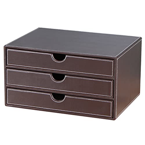 RHCSZ Stackable 3-Drawer Desk Organizer, Executive Office Supplies Desktop Filing A4 File Cabinet/Holder, Leather Storage Box for Document/Paper/Home Decor Accessories (brown)… - Image 1