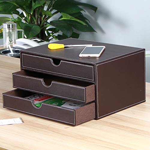 RHCSZ Stackable 3-Drawer Desk Organizer, Executive Office Supplies Desktop Filing A4 File Cabinet/Holder, Leather Storage Box for Document/Paper/Home Decor Accessories (brown)… - Image 4