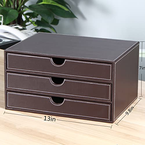 RHCSZ Stackable 3-Drawer Desk Organizer, Executive Office Supplies Desktop Filing A4 File Cabinet/Holder, Leather Storage Box for Document/Paper/Home Decor Accessories (brown)… - Image 3